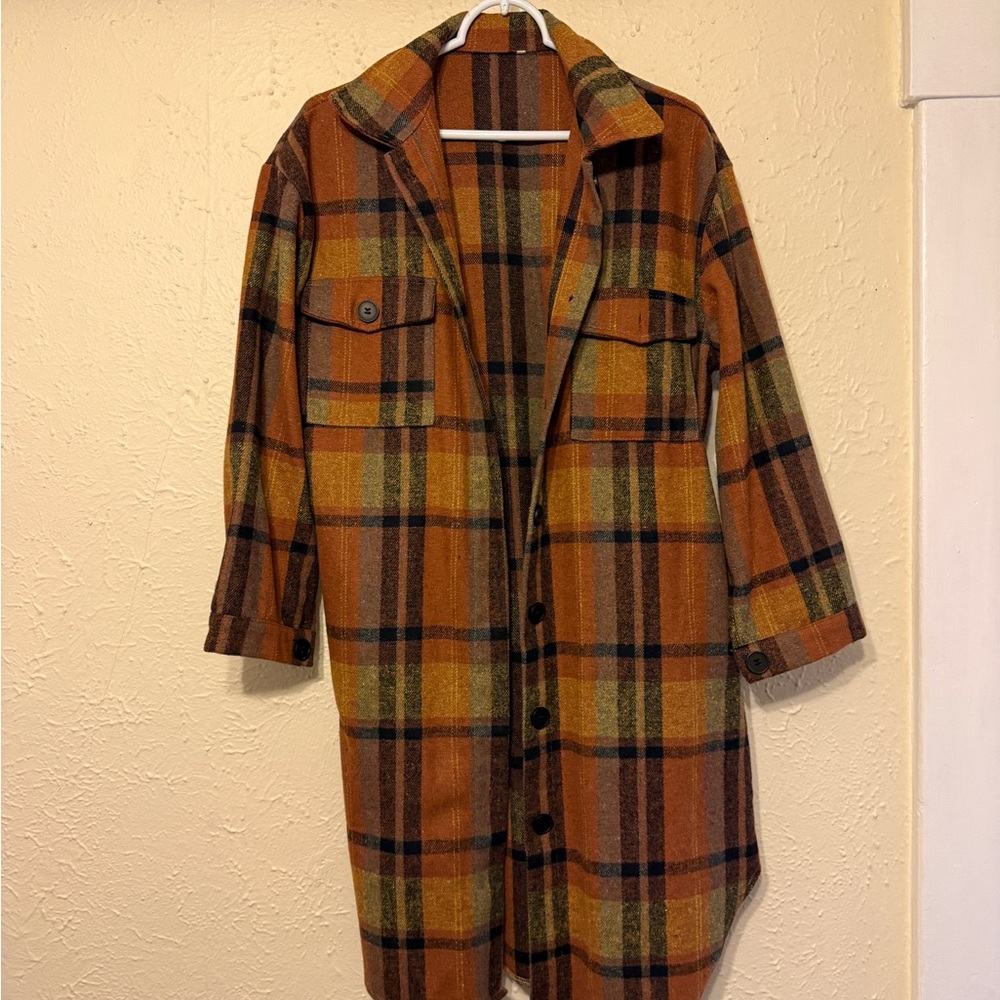 Plaid Long Coat with Button Front